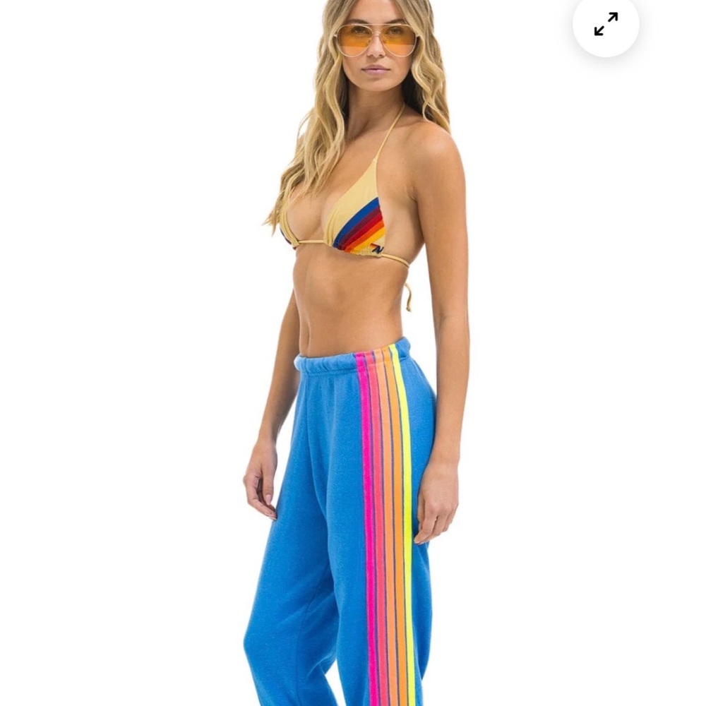Aviator Nation Blue Joggers with Neon Rainbow Stripes - Like New